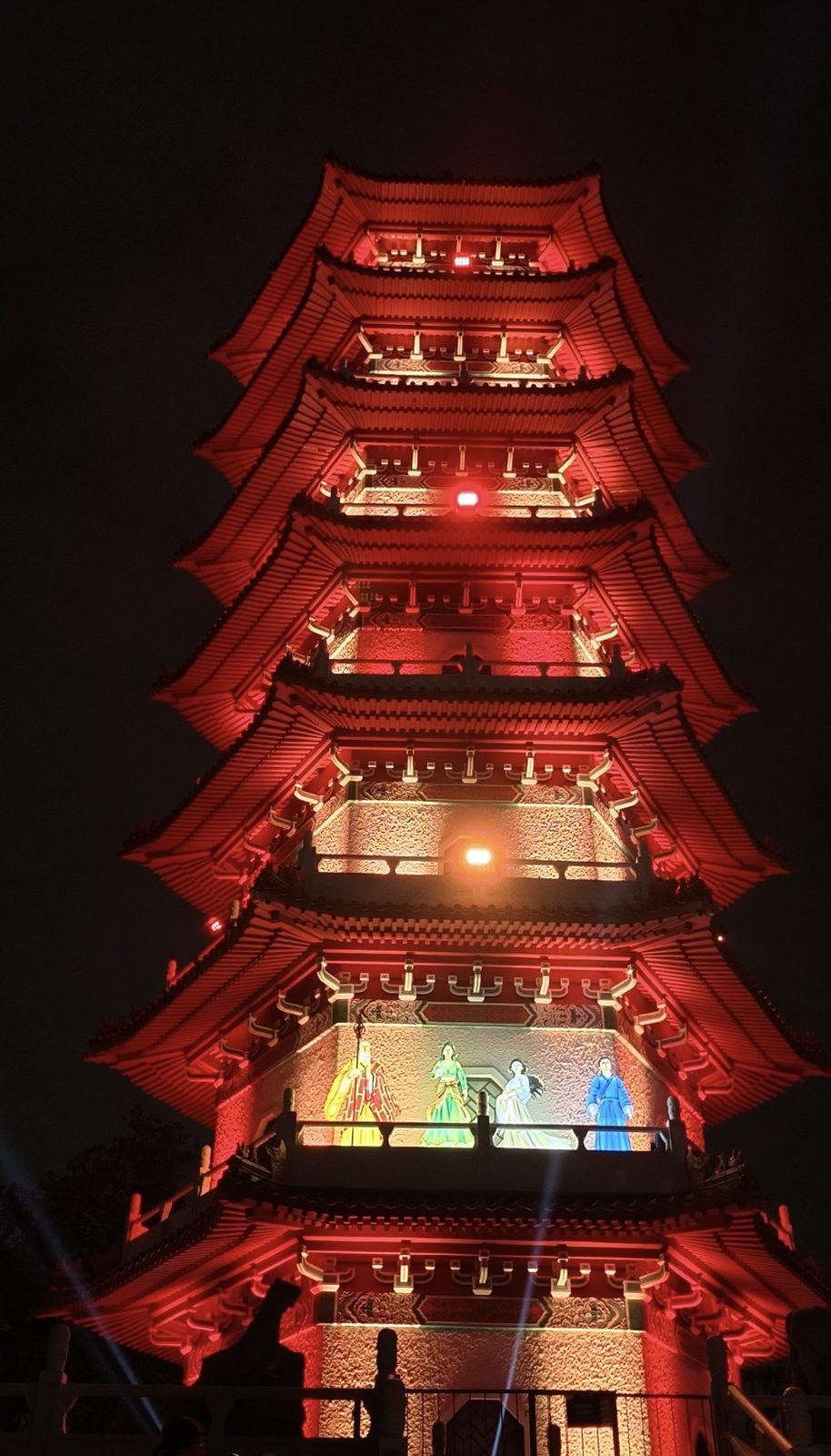 The Cloud Pagoda lit up in red at night