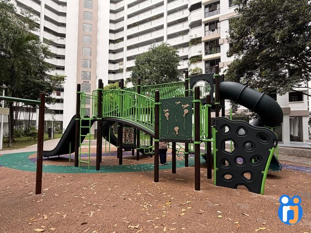 A black-and-green play structure with slides, a curving black tube slide and a climbing wall of round holds, among HDB blocks.