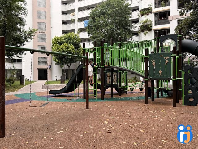 A pair of swings beside the black-and-green play structure and its slides, with HDB blocks behind.
